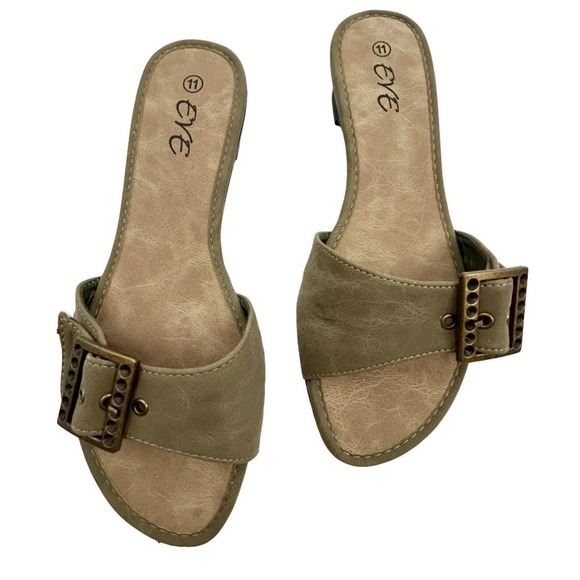 Eve Buckle Sandal Slides Low Heel Khaki Color Size 11 - Picture 2 of 13